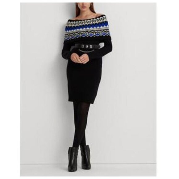 Lauren Ralph Lauren Black Label Fair Isle Off the Shoulder Sweater Dress Small - Picture 2 of 9